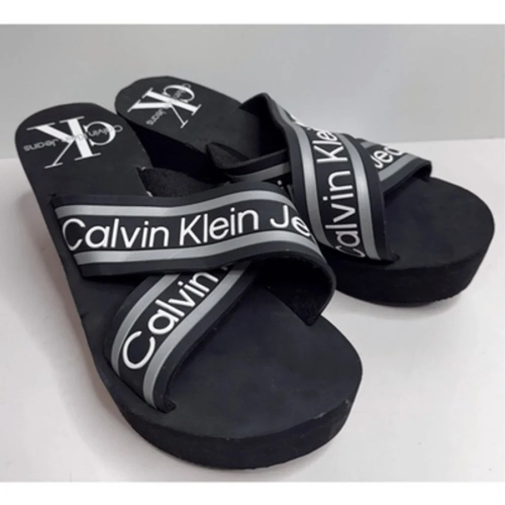 Calvin Klein Sandals Resort Black Logo Crisscross Platform Wedges Size 8.5